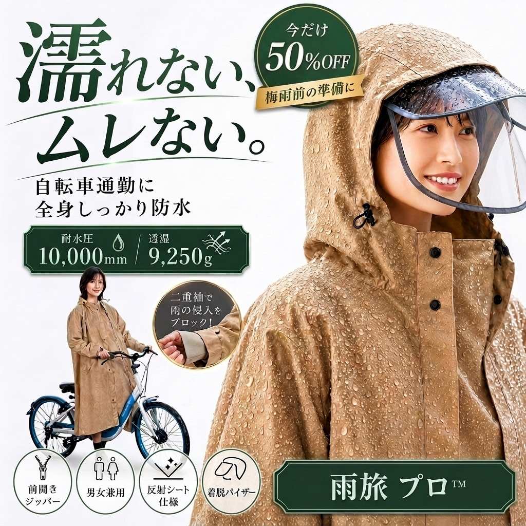 レイングナ プロ™ — 濡れない、ムレない。袖付きレインポンチョ｜耐水圧10,000mm・着脱バイザー・自転車通勤