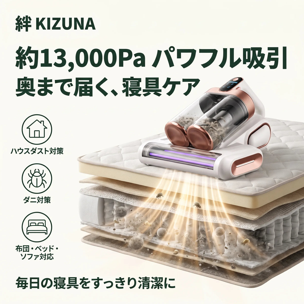 KIZUNA 清-Sei- UV除菌ふとんクリーナー — 約13,000Pa×UV除菌×ワイドローラー