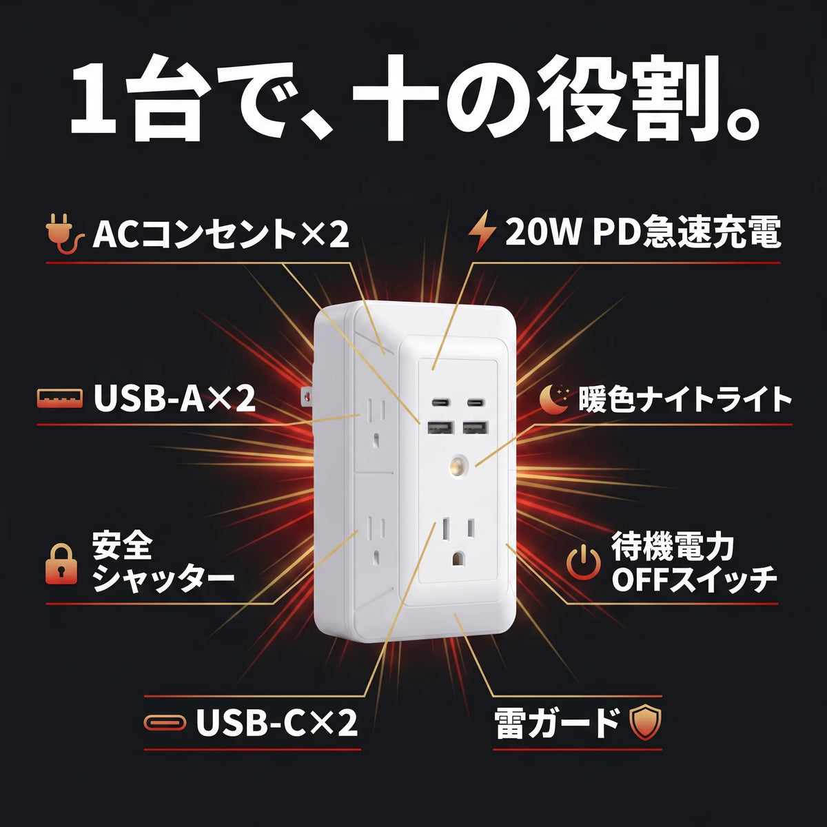1台10役 壁挿し電源タップ｜USB-C×2・雷ガード・暖色ナイトライト・安全シャッター