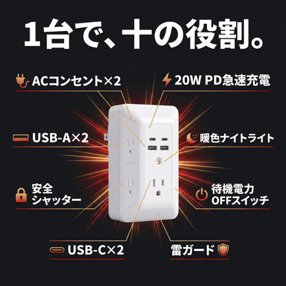 1台10役 壁挿し電源タップ｜USB-C×2・雷ガード・暖色ナイトライト・安全シャッター