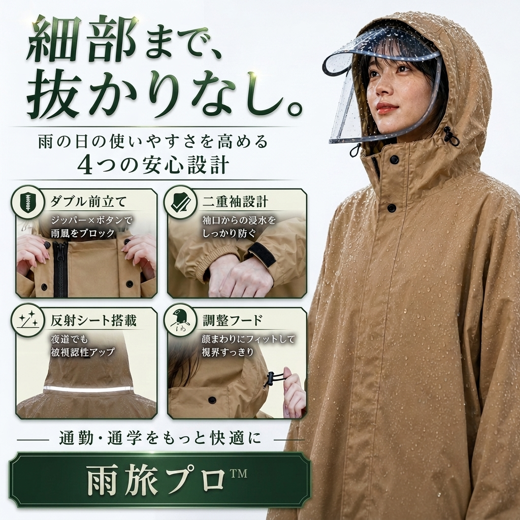 レイングナ プロ™ — 濡れない、ムレない。袖付きレインポンチョ｜耐水圧10,000mm・着脱バイザー・自転車通勤