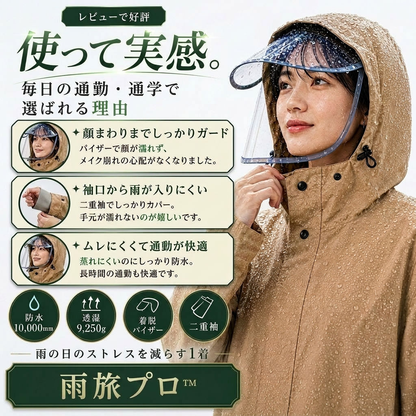 レイングナ プロ™ — 濡れない、ムレない。袖付きレインポンチョ｜耐水圧10,000mm・着脱バイザー・自転車通勤