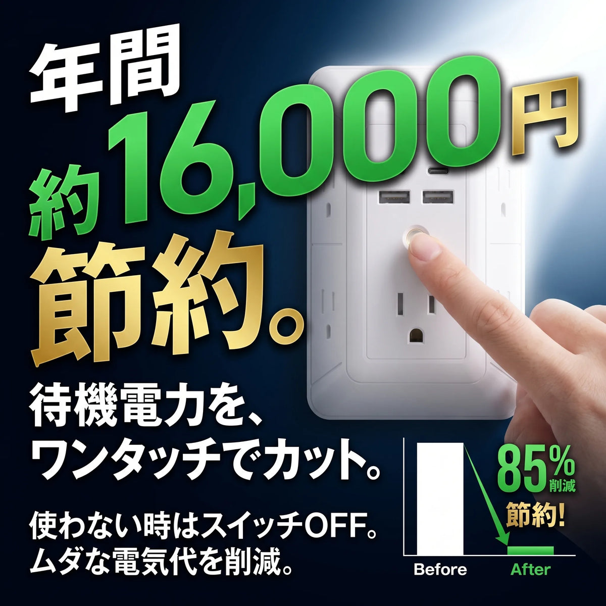 1台10役 壁挿し電源タップ｜USB-C×2・雷ガード・暖色ナイトライト・安全シャッター