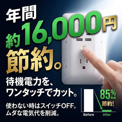 1台10役 壁挿し電源タップ｜USB-C×2・雷ガード・暖色ナイトライト・安全シャッター